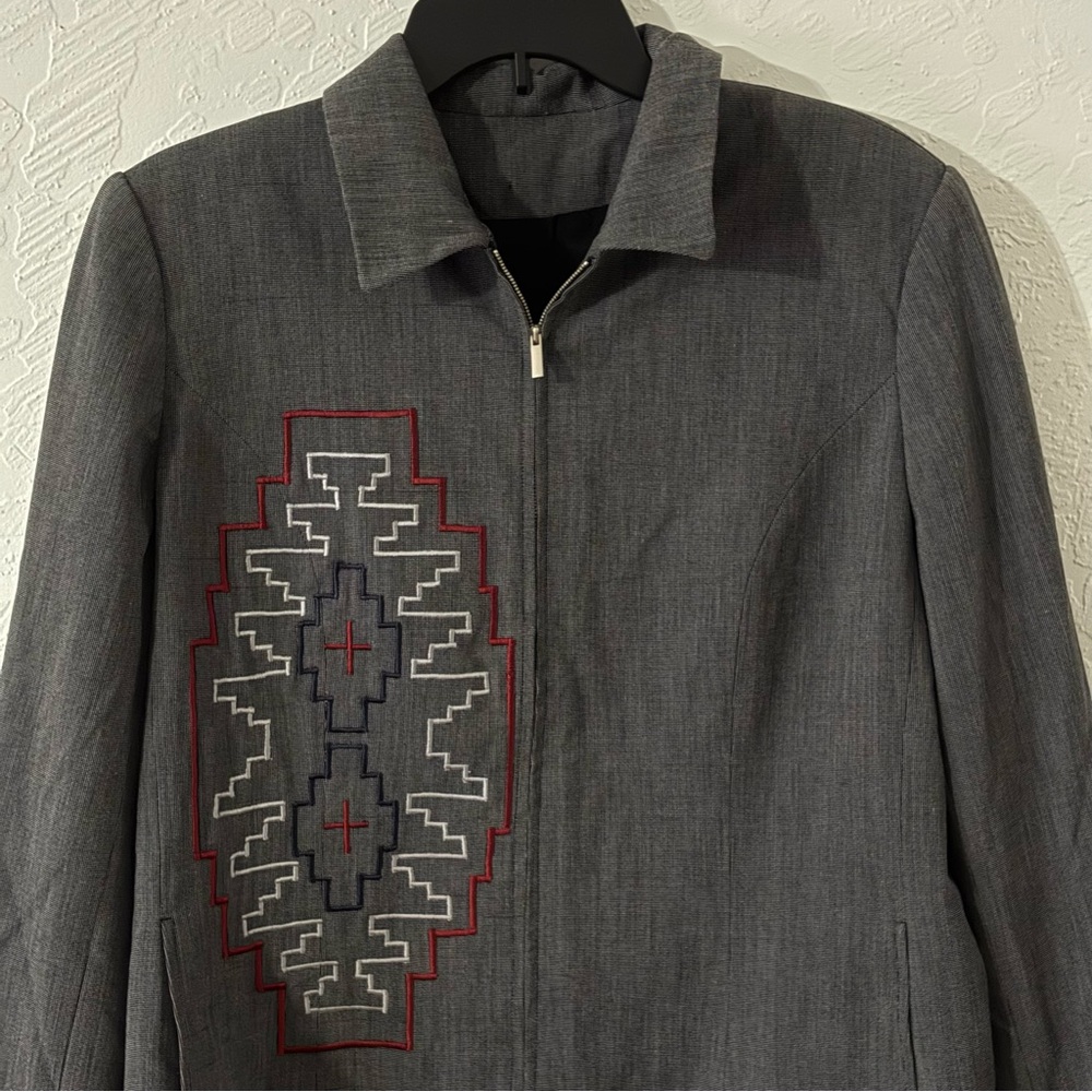 Women XL Lined Zip Grey Blazer Padded Shoulder Embroidered Southwestern Maroon